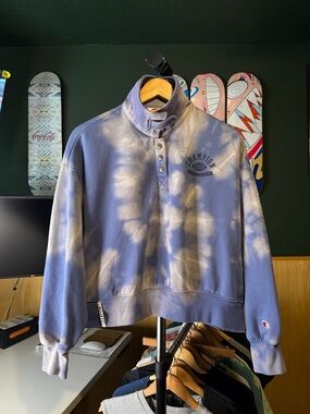 Champion Lavender Henley Button Custom Bleach Tie-Dye Zip Mock Neck Sweater